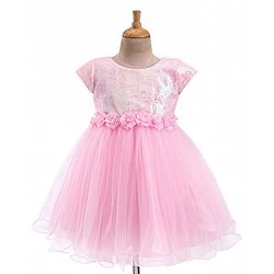 Babyhug Woven Cap Sleeves Party Dress With Sequin Detailing & Floral Corsage - Pink