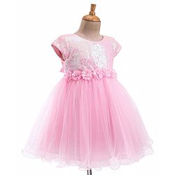 Babyhug Woven Cap Sleeves Party Dress With Sequin Detailing & Floral Corsage - Pink