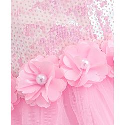Babyhug Woven Cap Sleeves Party Dress With Sequin Detailing & Floral Corsage - Pink