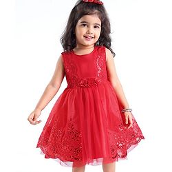 Babyhug Sleeveless  Embroidered Fit & Flare Party Dress with Floral Corsage - Red
