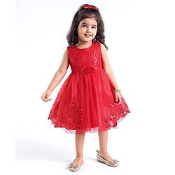 Babyhug Sleeveless  Embroidered Fit & Flare Party Dress with Floral Corsage - Red