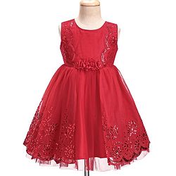 Babyhug Sleeveless  Embroidered Fit & Flare Party Dress with Floral Corsage - Red
