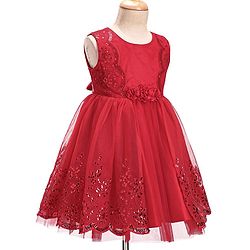 Babyhug Sleeveless  Embroidered Fit & Flare Party Dress with Floral Corsage - Red