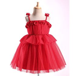 Babyhug Sleeveless Shimmered Ruffled Party Frock with Floral Applique -  Red