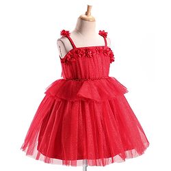 Babyhug Sleeveless Shimmered Ruffled Party Frock with Floral Applique -  Red