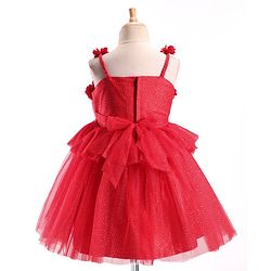Babyhug Sleeveless Shimmered Ruffled Party Frock with Floral Applique -  Red