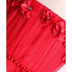Babyhug Sleeveless Shimmered Ruffled Party Frock with Floral Applique -  Red