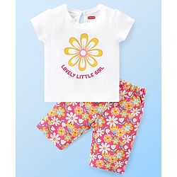 Babyhug Single Jersey Knit Half Sleeves Capri Night Suit Floral Print - White & Pink