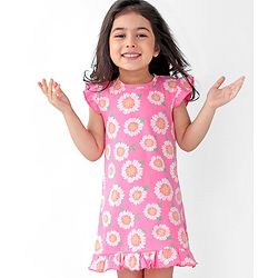 Babyhug Cotton Knit Single Jersey Frill Sleeves Nighty With Flower Print - Pink
