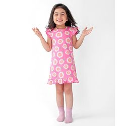 Babyhug Cotton Knit Single Jersey Frill Sleeves Nighty With Flower Print - Pink