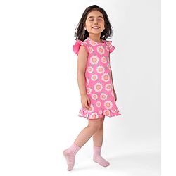 Babyhug Cotton Knit Single Jersey Frill Sleeves Nighty With Flower Print - Pink