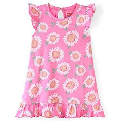 Babyhug Cotton Knit Single Jersey Frill Sleeves Nighty With Flower Print - Pink