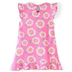 Babyhug Cotton Knit Single Jersey Frill Sleeves Nighty With Flower Print - Pink