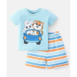 Babyhug Single Jersey Knit Half Sleeves Shorts Night Suit  Striped Bunny & Tiger Print - Blue