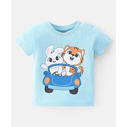 Babyhug Single Jersey Knit Half Sleeves Shorts Night Suit  Striped Bunny & Tiger Print - Blue