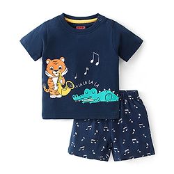 Babyhug Single Jersey Knit Half Sleeves Night Suit Tiger Print - Navy Blue
