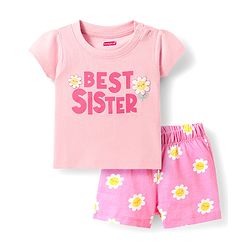Babyhug Cotton Knit Half Sleeves Night Suit With Text Print - Pink