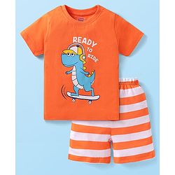 Babyhug Single Jersey Knit Half Sleeves Short Set Striped & Dino Print - Orange