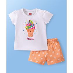 Babyhug Single Jersey Cotton Knit Ice Cream Printed Night Suit - White & Orange