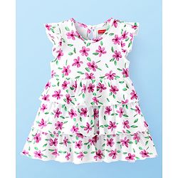 Babyhug Single Jersey Knit Frill Sleeves Layered Frock with Floral Print - White
