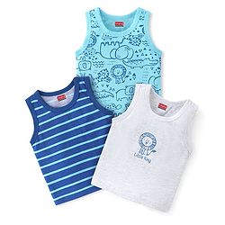 Babyhug 100% Cotton Knit Sleeveless Sandos With Wild Animal Print Pack of 3 - Multicolor