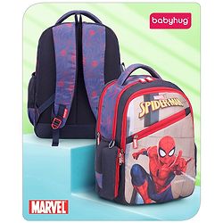 Babyhug Marvel Spiderman School Backpack with Pencil Pouch|2 Main Compartments, 2 Front Pockets, 2 side Bottle Pockets|Water Resistant|Long lasting and Durable Zippers | Comfortable back cushioning | For School, Travel and Outdoors|Blue- 15inches