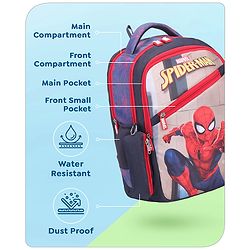 Babyhug Marvel Spiderman School Backpack with Pencil Pouch|2 Main Compartments, 2 Front Pockets, 2 side Bottle Pockets|Water Resistant|Long lasting and Durable Zippers | Comfortable back cushioning | For School, Travel and Outdoors|Blue- 15inches
