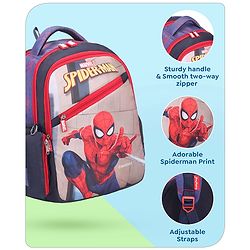 Babyhug Marvel Spiderman School Backpack with Pencil Pouch|2 Main Compartments, 2 Front Pockets, 2 side Bottle Pockets|Water Resistant|Long lasting and Durable Zippers | Comfortable back cushioning | For School, Travel and Outdoors|Blue- 15inches