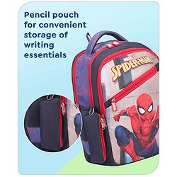 Babyhug Marvel Spiderman School Backpack with Pencil Pouch|2 Main Compartments, 2 Front Pockets, 2 side Bottle Pockets|Water Resistant|Long lasting and Durable Zippers | Comfortable back cushioning | For School, Travel and Outdoors|Blue- 15inches