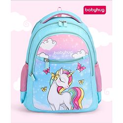 Babyhug Unicorn Print School Backpack|2 Main Compartments, 2 Front Pockets, 2 side Bottle Pockets|Water Resistant|Long lasting and Durable Zippers | Comfortable back cushioning | For School, Travel and Outdoors|Blue- 15inches