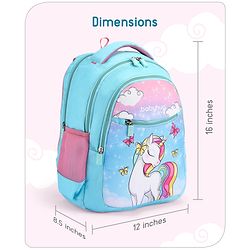 Babyhug Unicorn Print School Backpack|2 Main Compartments, 2 Front Pockets, 2 side Bottle Pockets|Water Resistant|Long lasting and Durable Zippers | Comfortable back cushioning | For School, Travel and Outdoors|Blue- 15inches