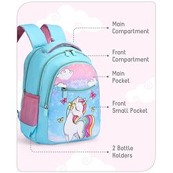 Babyhug Unicorn Print School Backpack|2 Main Compartments, 2 Front Pockets, 2 side Bottle Pockets|Water Resistant|Long lasting and Durable Zippers | Comfortable back cushioning | For School, Travel and Outdoors|Blue- 15inches