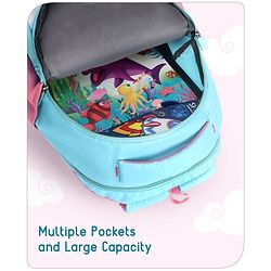 Babyhug Unicorn Print School Backpack|2 Main Compartments, 2 Front Pockets, 2 side Bottle Pockets|Water Resistant|Long lasting and Durable Zippers | Comfortable back cushioning | For School, Travel and Outdoors|Blue- 15inches