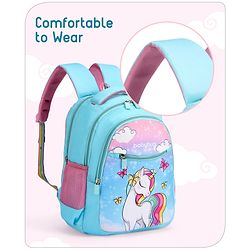 Babyhug Unicorn Print School Backpack|2 Main Compartments, 2 Front Pockets, 2 side Bottle Pockets|Water Resistant|Long lasting and Durable Zippers | Comfortable back cushioning | For School, Travel and Outdoors|Blue- 15inches