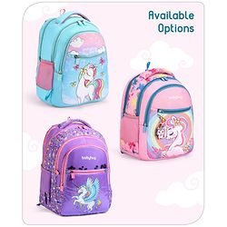 Babyhug Unicorn Print School Backpack|2 Main Compartments, 2 Front Pockets, 2 side Bottle Pockets|Water Resistant|Long lasting and Durable Zippers | Comfortable back cushioning | For School, Travel and Outdoors|Blue- 15inches