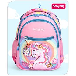 Babyhug Unicorn Print Spacious Backpack With Unicorn Key-Chain|2 Main Compartments, 2 Front Pockets, 2 side Bottle Pockets|Water Resistant|Long lasting and Durable Zippers | Comfortable back cushioning | For School, Travel and Outdoors- 15inches ( St
