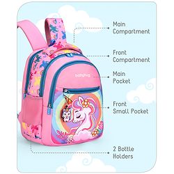 Babyhug Unicorn Print Spacious Backpack With Unicorn Key-Chain|2 Main Compartments, 2 Front Pockets, 2 side Bottle Pockets|Water Resistant|Long lasting and Durable Zippers | Comfortable back cushioning | For School, Travel and Outdoors- 15inches ( St