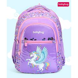 Babyhug Unicorn Print School Backpack|2 Main Compartments, 2 Front Pockets, 2 side Bottle Pockets|Water Resistant|Long lasting and Durable Zippers | Comfortable back cushioning | For School, Travel and Outdoors|Blue- 15inches