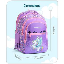Babyhug Unicorn Print School Backpack|2 Main Compartments, 2 Front Pockets, 2 side Bottle Pockets|Water Resistant|Long lasting and Durable Zippers | Comfortable back cushioning | For School, Travel and Outdoors|Blue- 15inches