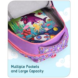 Babyhug Unicorn Print School Backpack|2 Main Compartments, 2 Front Pockets, 2 side Bottle Pockets|Water Resistant|Long lasting and Durable Zippers | Comfortable back cushioning | For School, Travel and Outdoors|Blue- 15inches