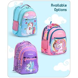 Babyhug Unicorn Print School Backpack|2 Main Compartments, 2 Front Pockets, 2 side Bottle Pockets|Water Resistant|Long lasting and Durable Zippers | Comfortable back cushioning | For School, Travel and Outdoors|Blue- 15inches
