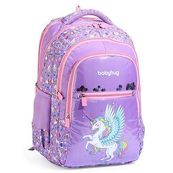Babyhug Unicorn Print School Backpack|2 Main Compartments, 2 Front Pockets, 2 side Bottle Pockets|Water Resistant|Long lasting and Durable Zippers | Comfortable back cushioning | For School, Travel and Outdoors|Blue- 15inches