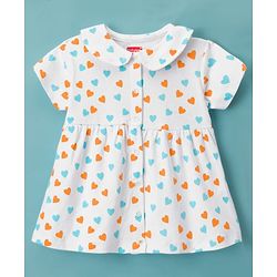 Babyhug Interlock Cotton Knit Half Sleeves Heart Printed Frock with Bloomer & Peterpan Collar - White & Pink