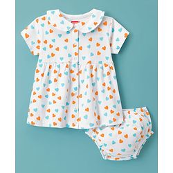 Babyhug Interlock Cotton Knit Half Sleeves Heart Printed Frock with Bloomer & Peterpan Collar - White & Pink