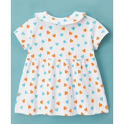 Babyhug Interlock Cotton Knit Half Sleeves Heart Printed Frock with Bloomer & Peterpan Collar - White & Pink