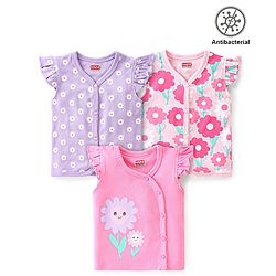 Babyhug 100% Cotton Knit Anti Bacterial Frill Sleeves Vests With Floral Print Pack of 3 - Pink & Purple