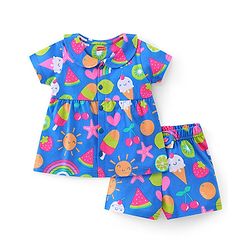 Babyhug Cotton Half Sleeves Night Suit Heart & Fruits Print - Blue