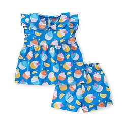 Babyhug Cotton Knit Terry Half Sleeves Night Suit With Ice Cream Print - Blue