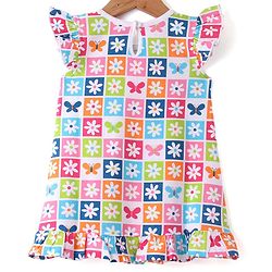 Babyhug Cotton Knit Half Sleeves Nighty Floral Print - Multicolour