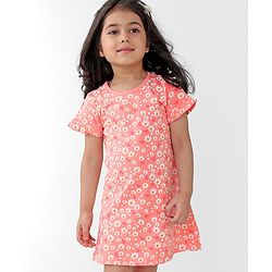 Babyhug Cotton Knit Half Sleeves Nighty With Floral Print -Peach